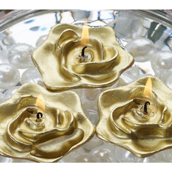 Set of 4 Gold Rose Floating Candles, Metallic Decor, Elegant Centerpiece Accents - Picture 2 of 11